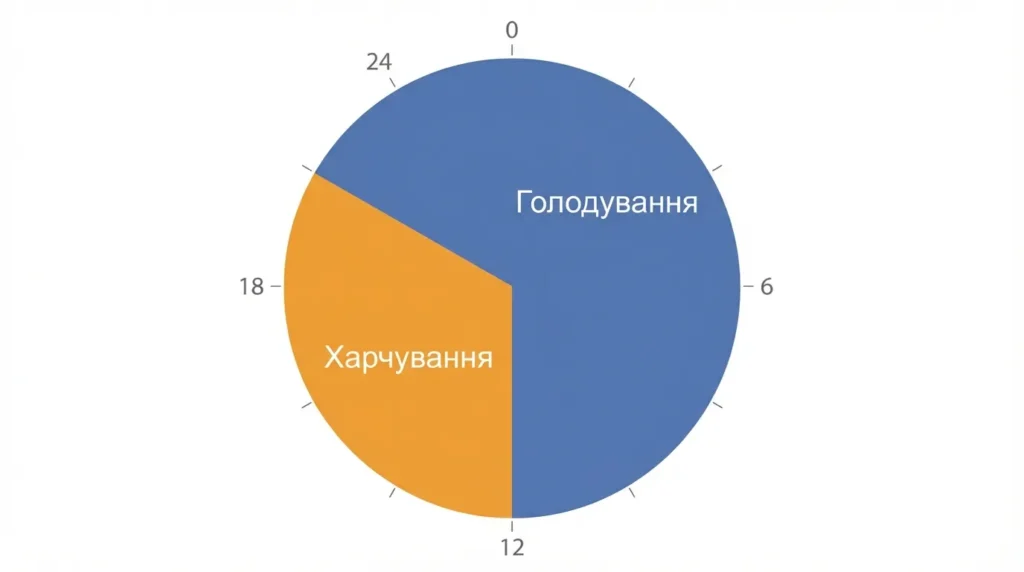 Кругова діаграма схеми інтервального голодування 16/8 — поділ доби на вікно харчування і вікно голодування