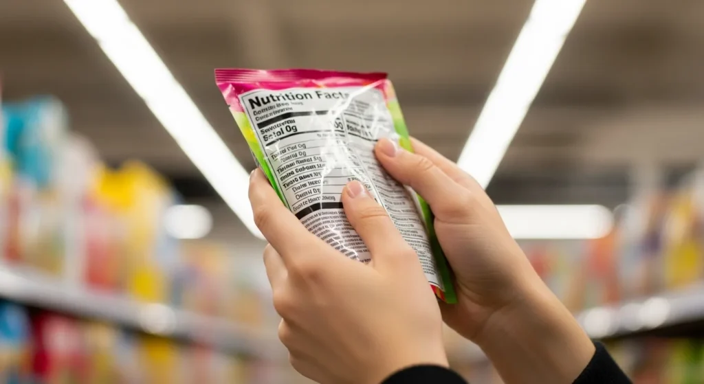 Людина читає склад на етикетці продукту 
в супермаркеті