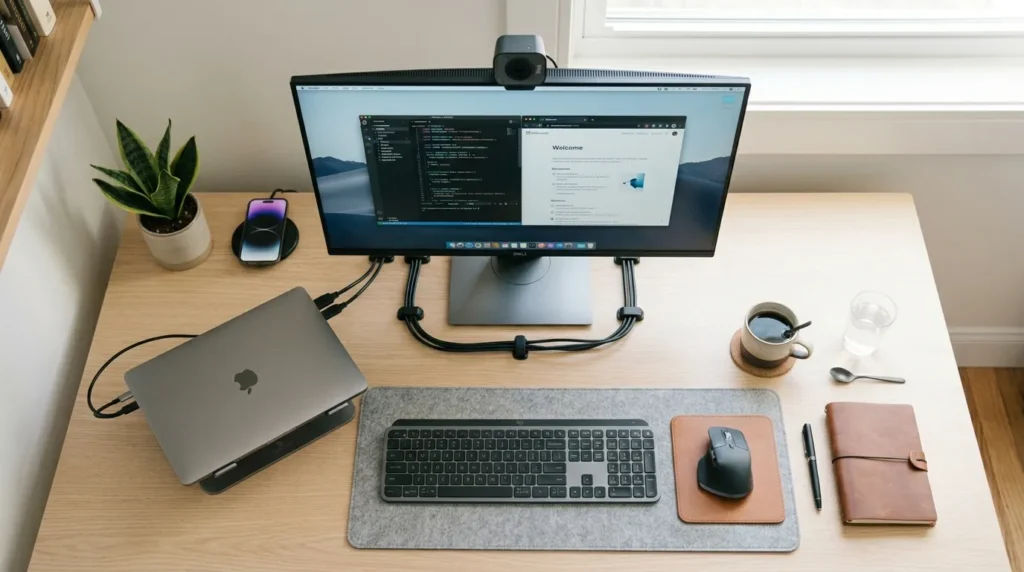 Техніка і обладнання для домашнього офісу — монітор, клавіатура, веб-камера