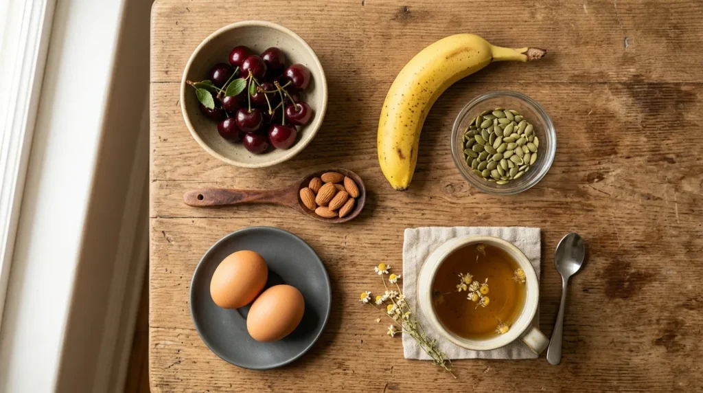 продукти для покращення сну — вишня банан мигдаль ромашковий чай