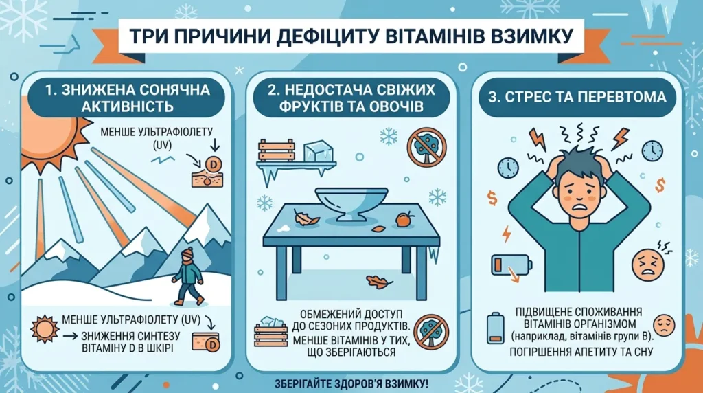 Причини дефіциту вітамінів взимку — мало сонця, бідний раціон, стрес
