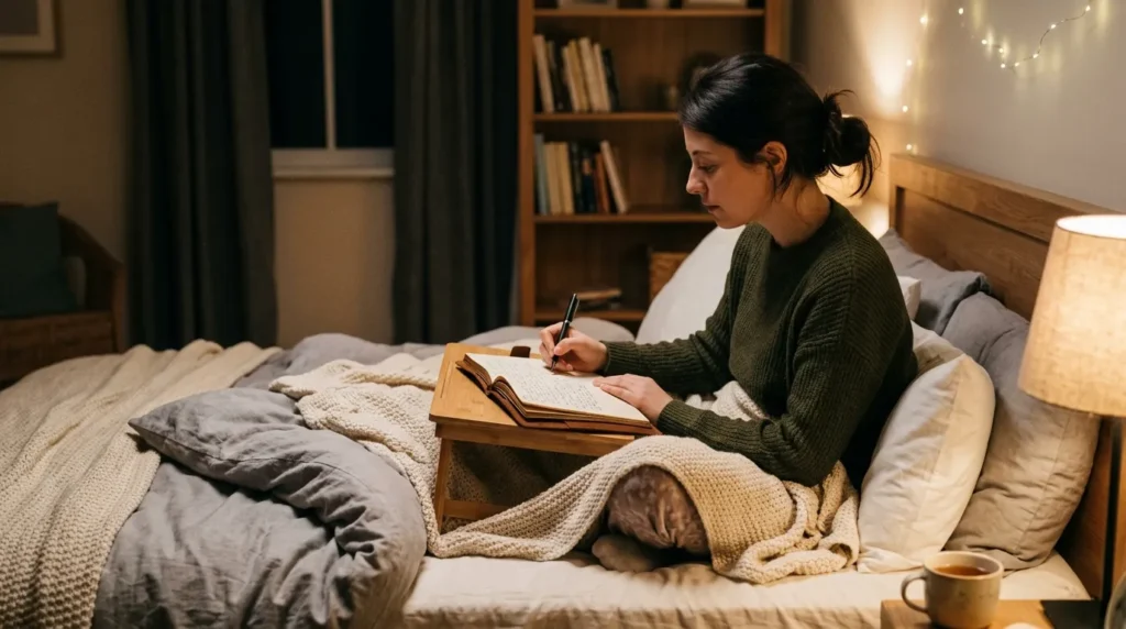 жінка записує думки в щоденник перед сном щоб краще заснути