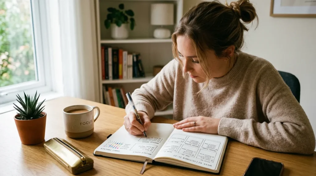 Людина планує завдання в щоденнику, розбиваючи великий проєкт на менші кроки