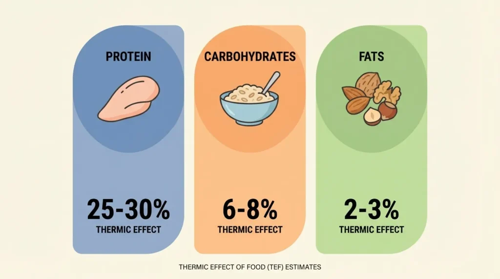 таблиця термічного ефекту їжі TEF для білків вуглеводів та жирів
