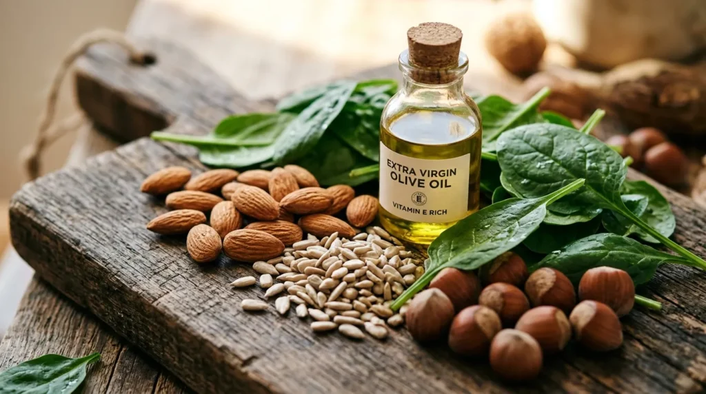 Продукти з вітаміном E: мигдаль, насіння соняшнику, оливкова олія, шпинат