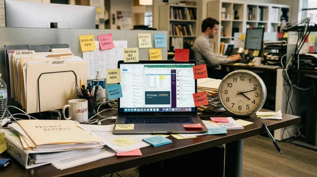Захаяний робочий стіл з папками, заметками та часом як символ перевантаженості на роботі