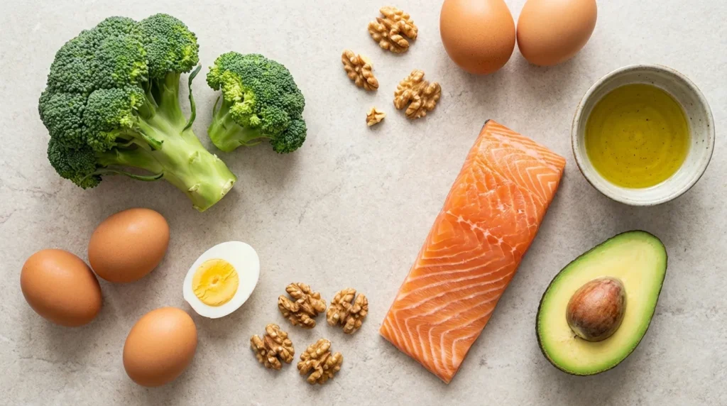 Здорові продукти для вікна харчування при інтервальному голодуванні 16/8 — лосось, броколі, яйця, авокадо