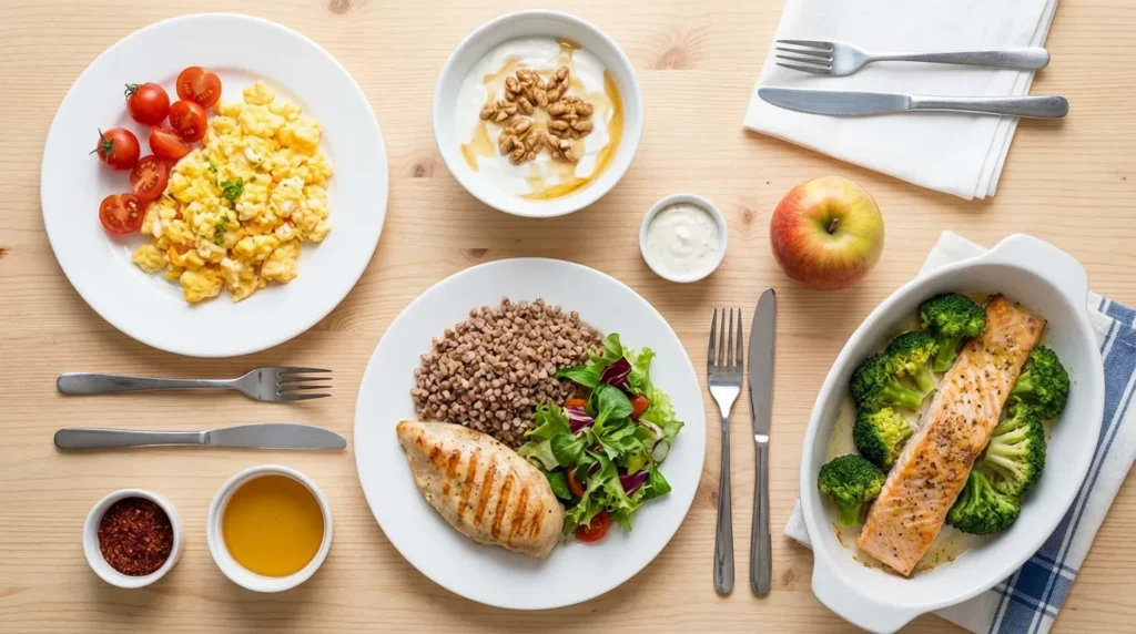 Здорове денне меню на 1400-1600 ккал для схуднення: 
яйця, курка, риба, йогурт, овочі