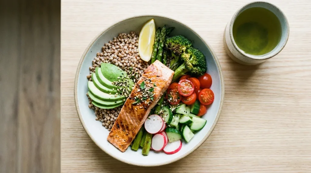 здоровий обід для прискорення метаболізму — лосось гречка овочі зелений чай