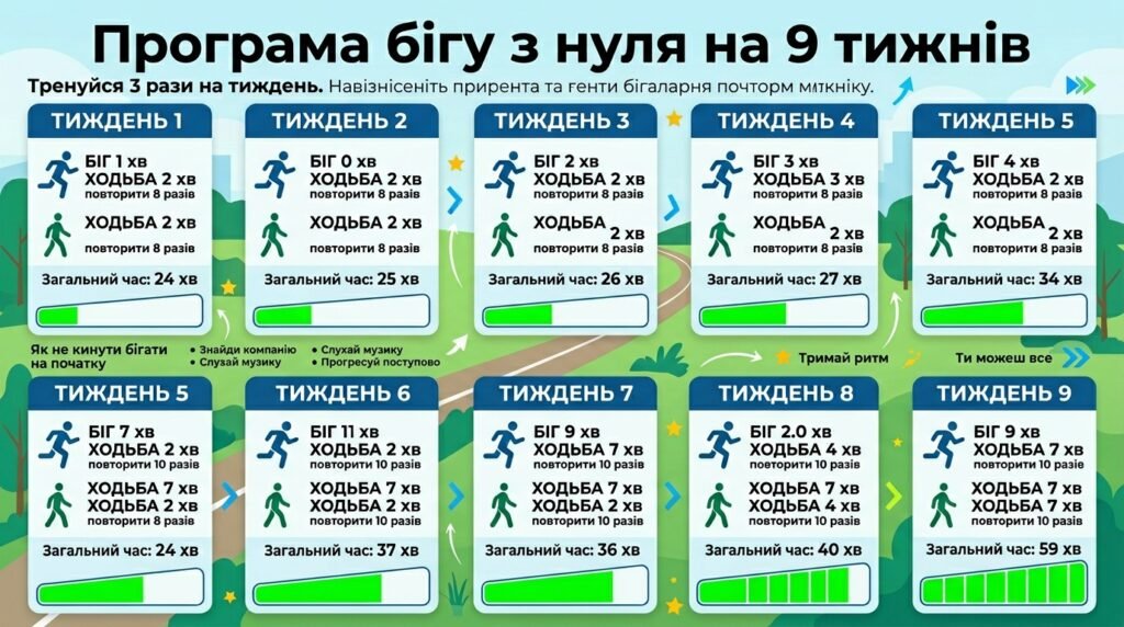 Програма бігу для початківців з нуля на 9 тижнів