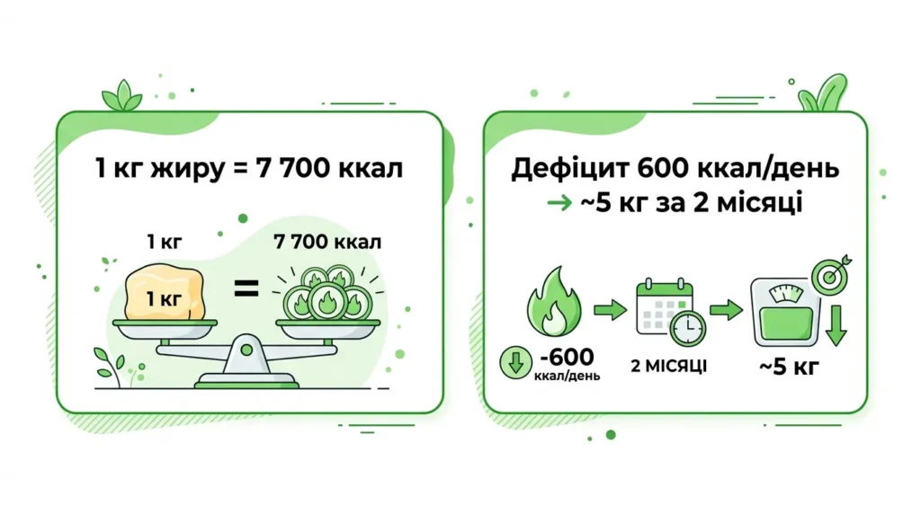 інфографіка — розрахунок калорійного дефіциту для схуднення на 10 кг