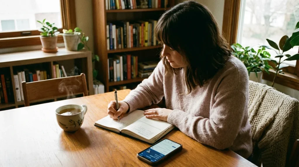 Людина планує фінансову подушку безпеки, пише в блокноті з банківським застосунком на столі