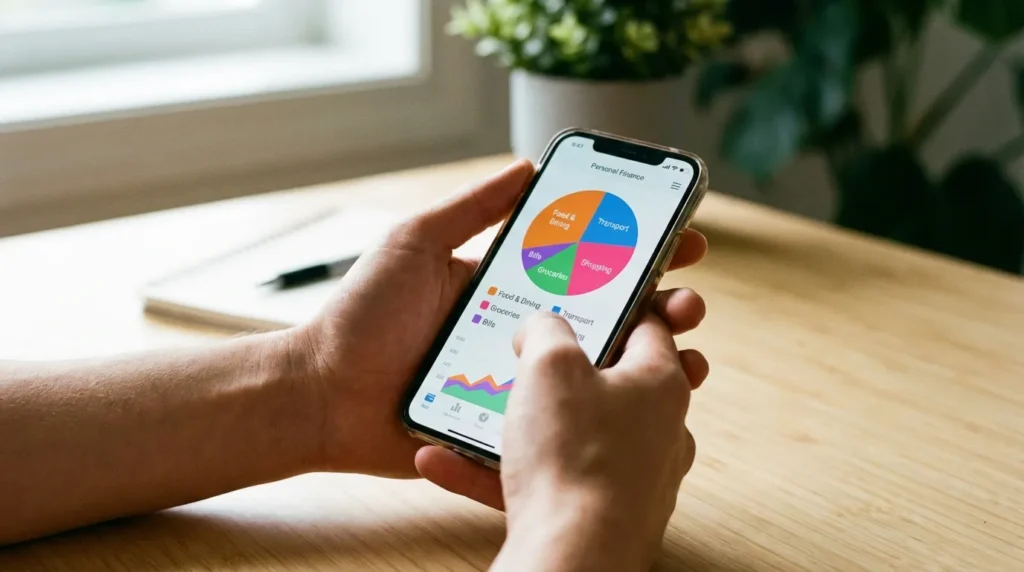 Людина дивиться на застосунок обліку витрат на смартфоні