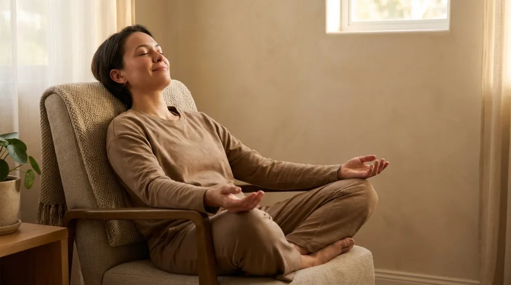 людина виконує прогресивну м’язову релаксацію сидячи на стільці