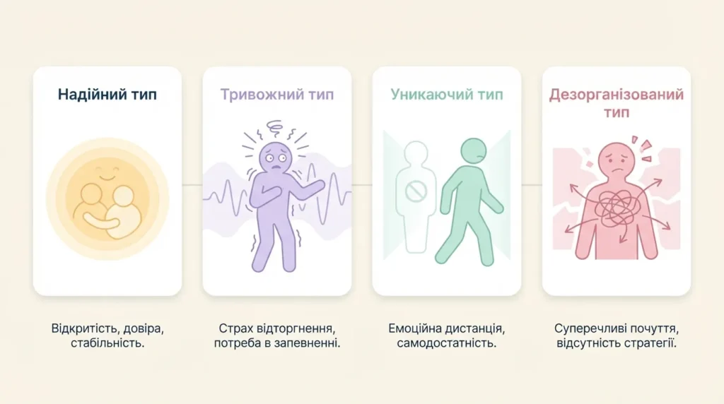 чотири стилі прив'язаності боулбі інфографіка — тривожний уникаючий безпечний