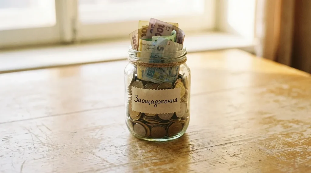 Скляна банка із заощадженнями в гривнях — метод накопичення грошей при малій зарплаті