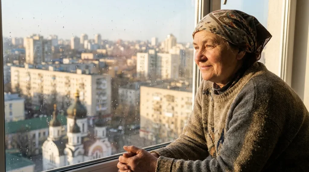 українка дивиться у вікно на місто — подолання депресії під час війни
