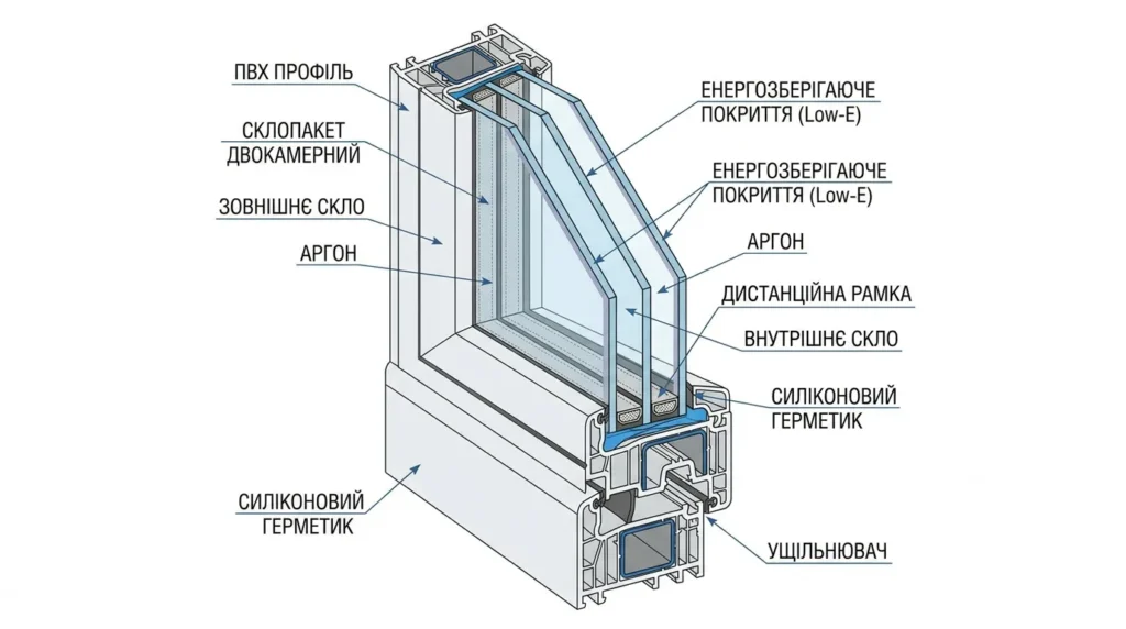 Схема двокамерного склопакету для ПВХ вікна — аргон і low-e покриття