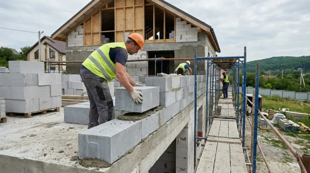 Будівельник кладе газоблок при зведенні стін приватного будинку