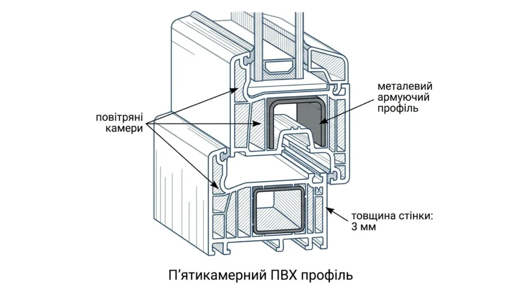 зріз 5-камерного ПВХ-профілю для пластикового вікна з армуванням