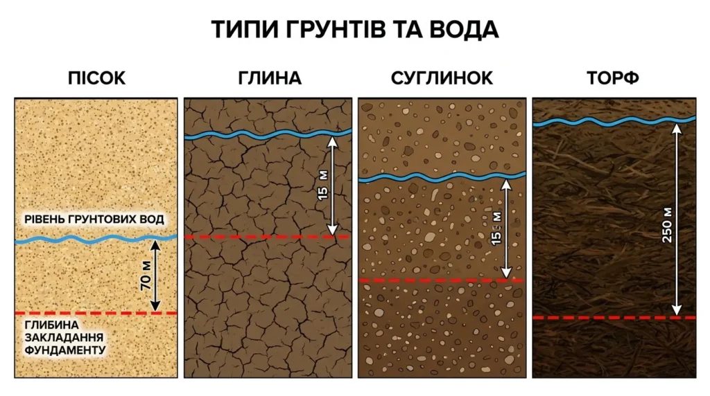 Схема: типи ґрунту і глибина фундаменту для невеликого будинку