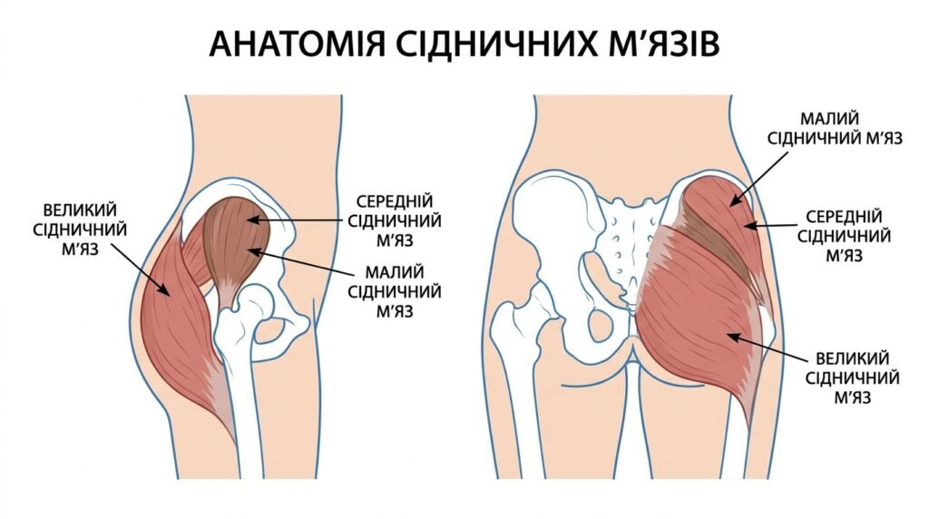 Анатомія сідничних м’язів Alt text: анатомія сідниць великий середній малий м’яз