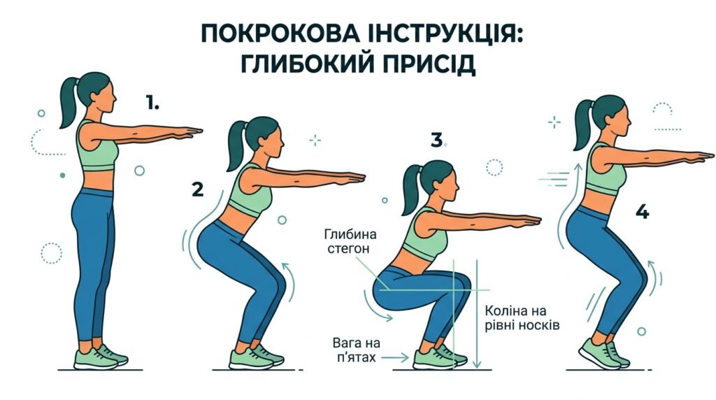 техніка присідання з акцентом на сідниці — схема вправи