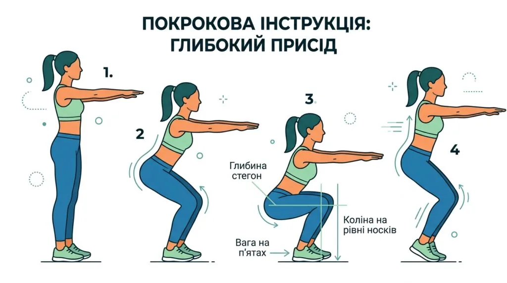 техніка присідання з акцентом на сідниці — схема вправи
