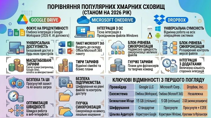 Популярні хмарні сховища — порівняння 2026