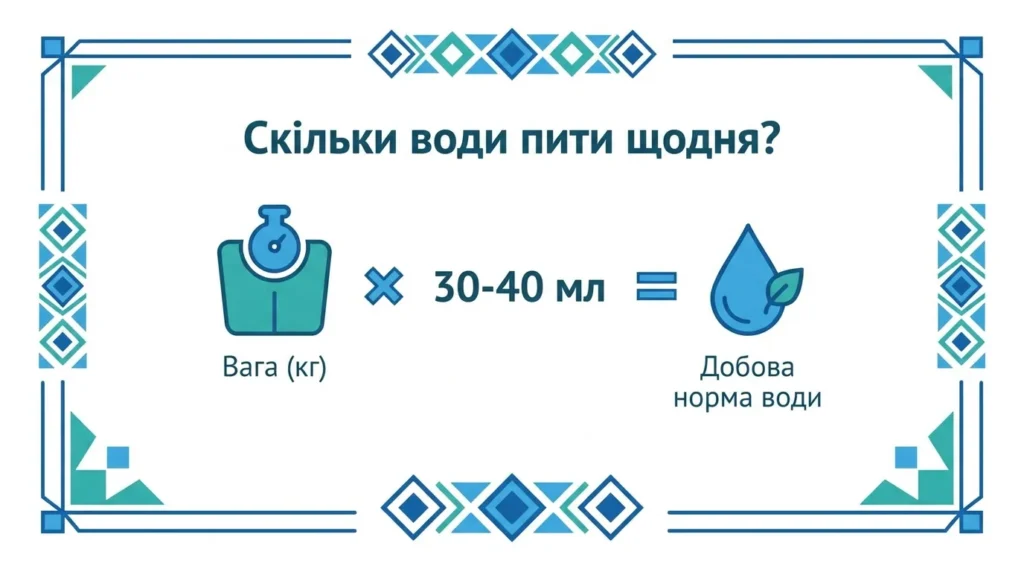 формула скільки пити води на день — вага помножена на 30-40 мл