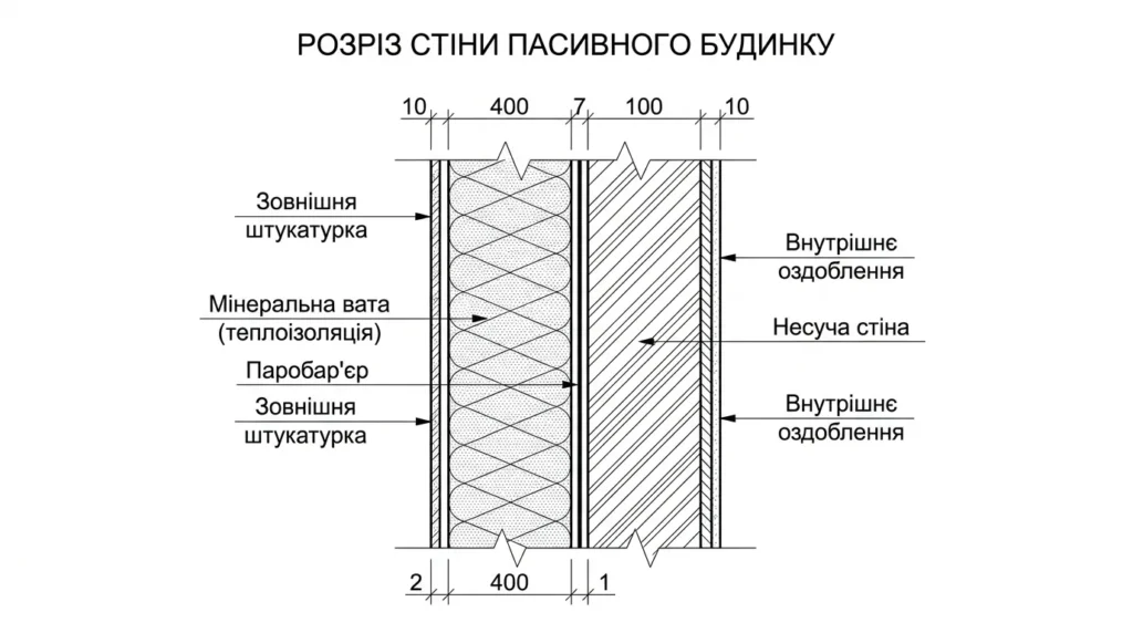Схема конструкції стіни пасивного будинку з шарами ізоляції та позначеними коефіцієнтами