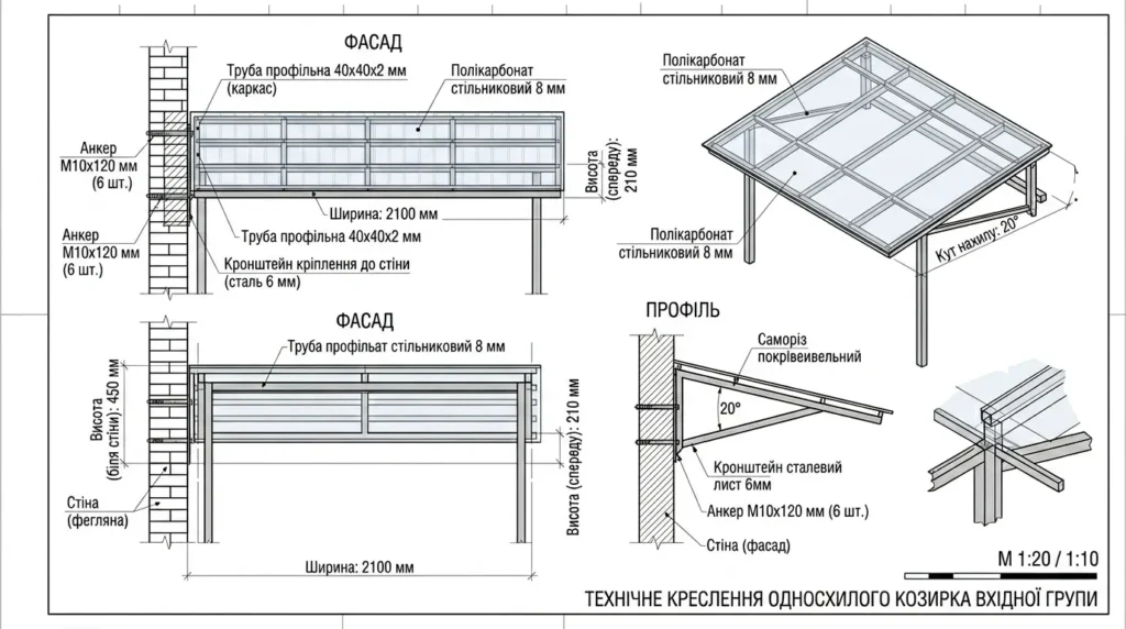 схема розмірів навісу над входом в будинок