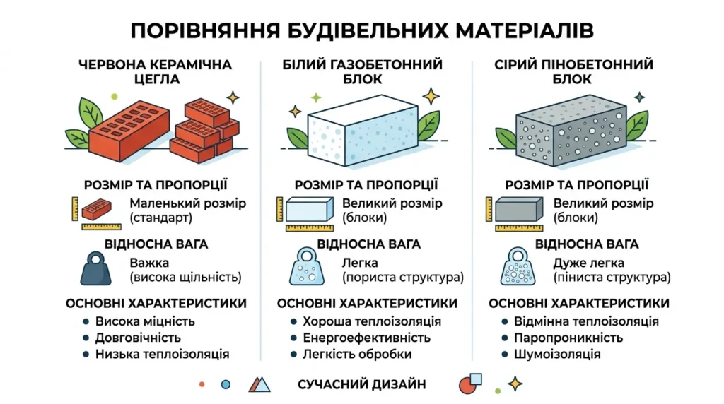 порівняння піноблок газоблок цегла характеристики матеріали