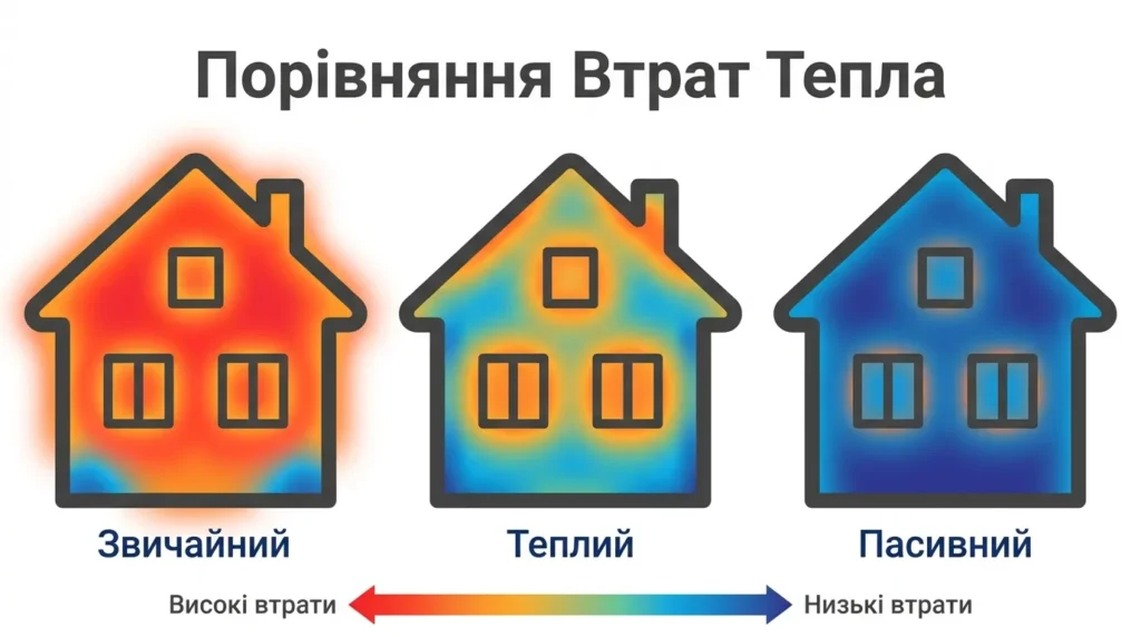 Схема порівняння тепловтрат трьох типів будинків — звичайний, теплий та пасивний