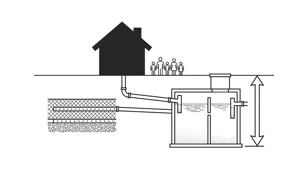 схема розрахунку обсягу септика за кількістю мешканців