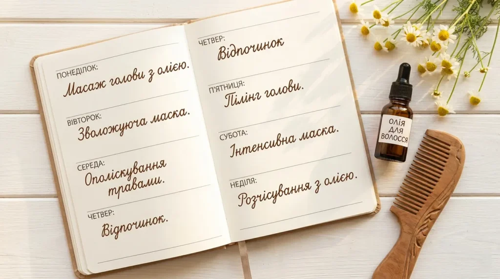 Щотижневий план догляду за волоссям: планер з розписом процедур, олія, дерев’яний гребінь та ромашка