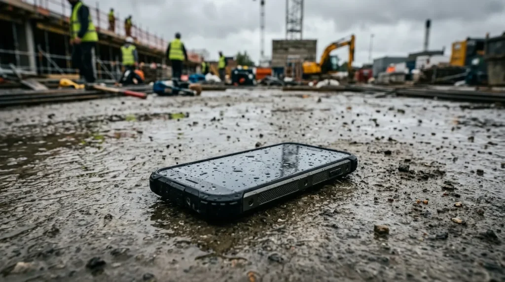 Захищений смартфон на будівельному майданчику під дощем