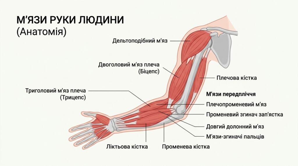 Схема м'язів руки — біцепс, трицепс, дельтоподібний м'яз і передпліччя
