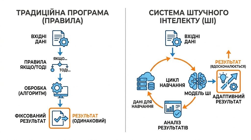 схема різниці між звичайною програмою та штучним інтелектом