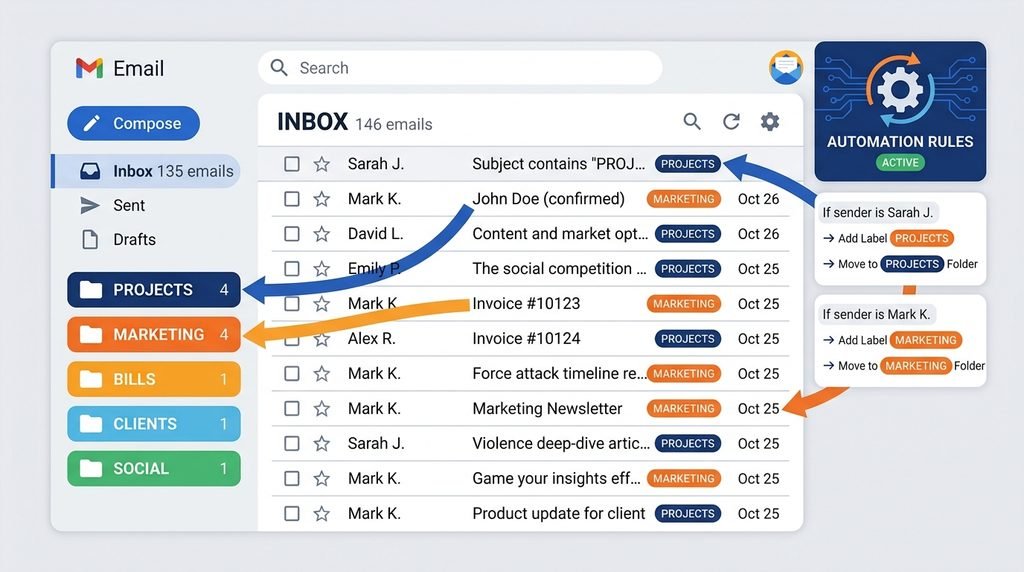 Схема автоматичного сортування листів фільтрами в Gmail