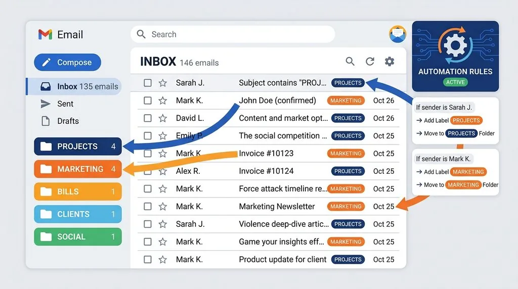 Схема автоматичного сортування листів фільтрами в Gmail