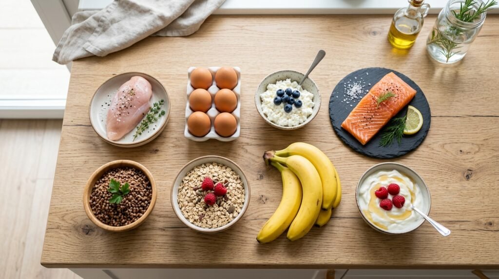  продукти для росту м'язів після тренування — курка, яйця, лосось, гречка