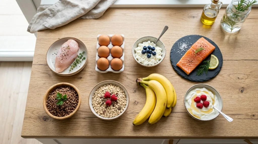  продукти для росту м'язів після тренування — курка, яйця, лосось, гречка