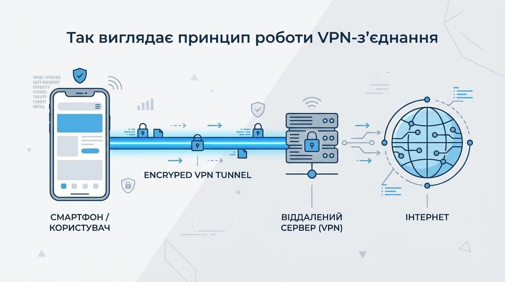 Схема зашифрованого VPN-тунелю між телефоном і сервером