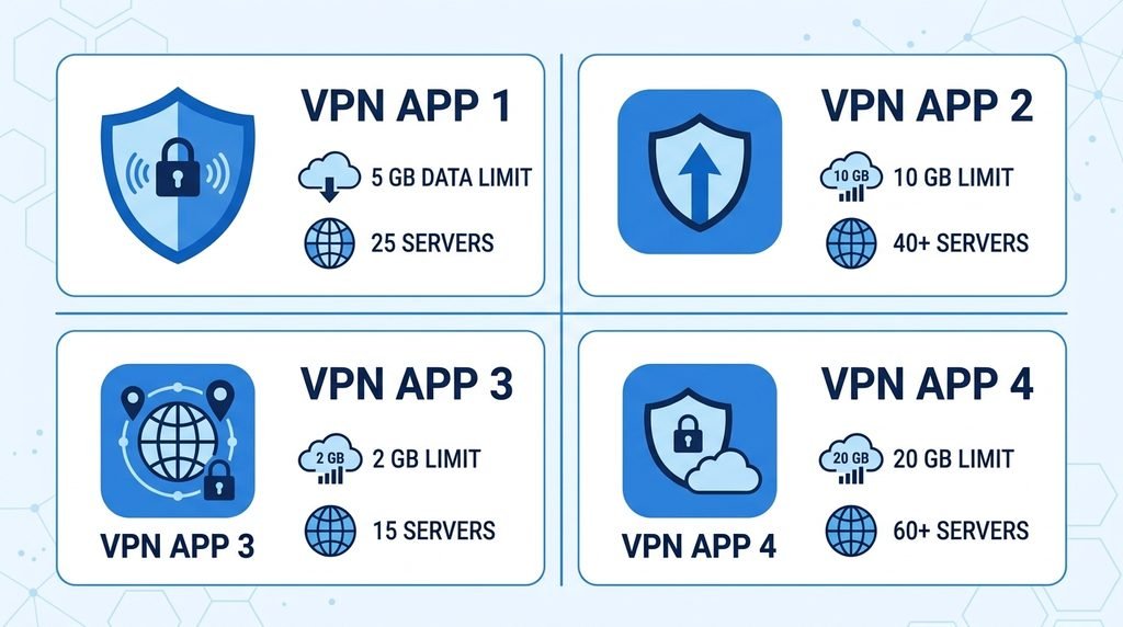 Інфографіка порівняння безкоштовних VPN-застосунків для телефону