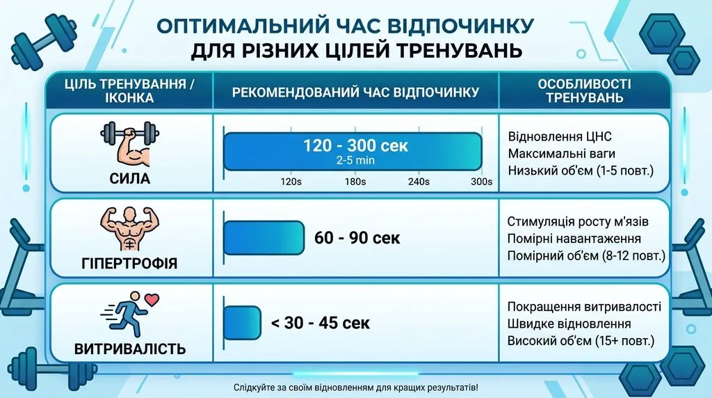 таблиця часу відпочинку після суперсету за метою тренування