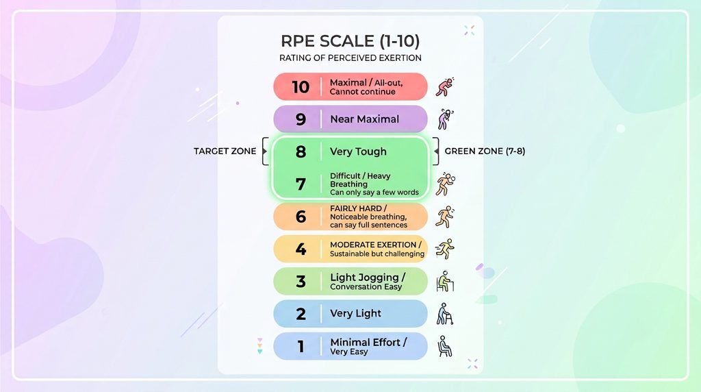 Схема шкали RPE від 1 до 10 з позначкою рівня 7-8 для домашніх тренувань
